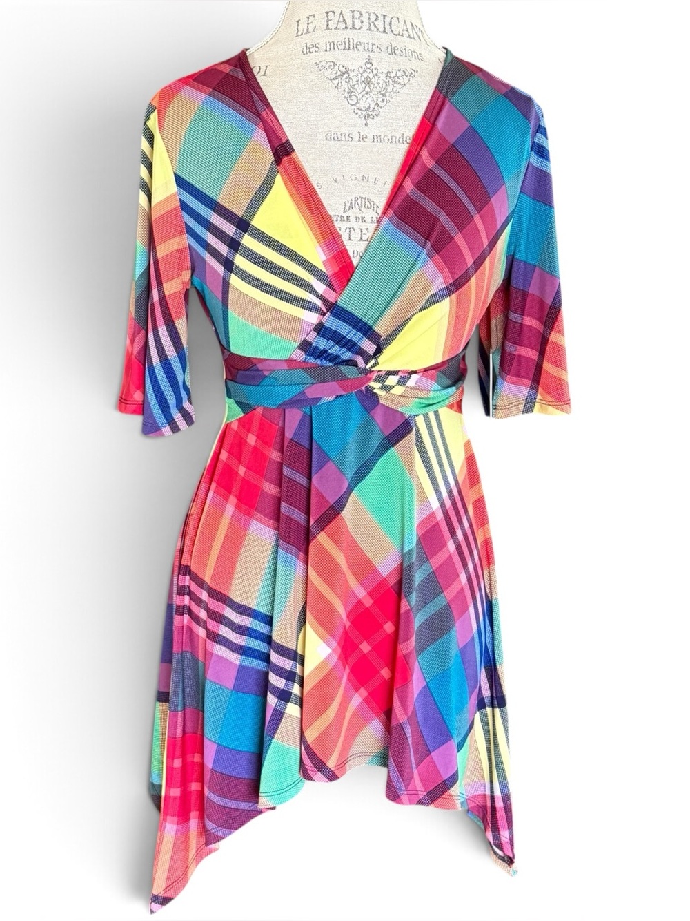 NWT Chaus "Picnic in the Park" Multi-color Rainbow Plaid Short Sleeve Blouse Sm